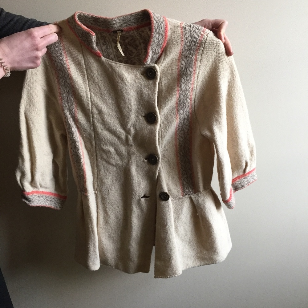 Free People Tan, Coral, Grey Button Up Sweater